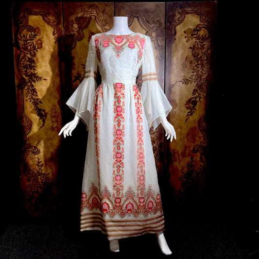 ALFRED SHAHEEN vintage 1970s maxi dress, hand screen print floral Hawaiian wedding dress