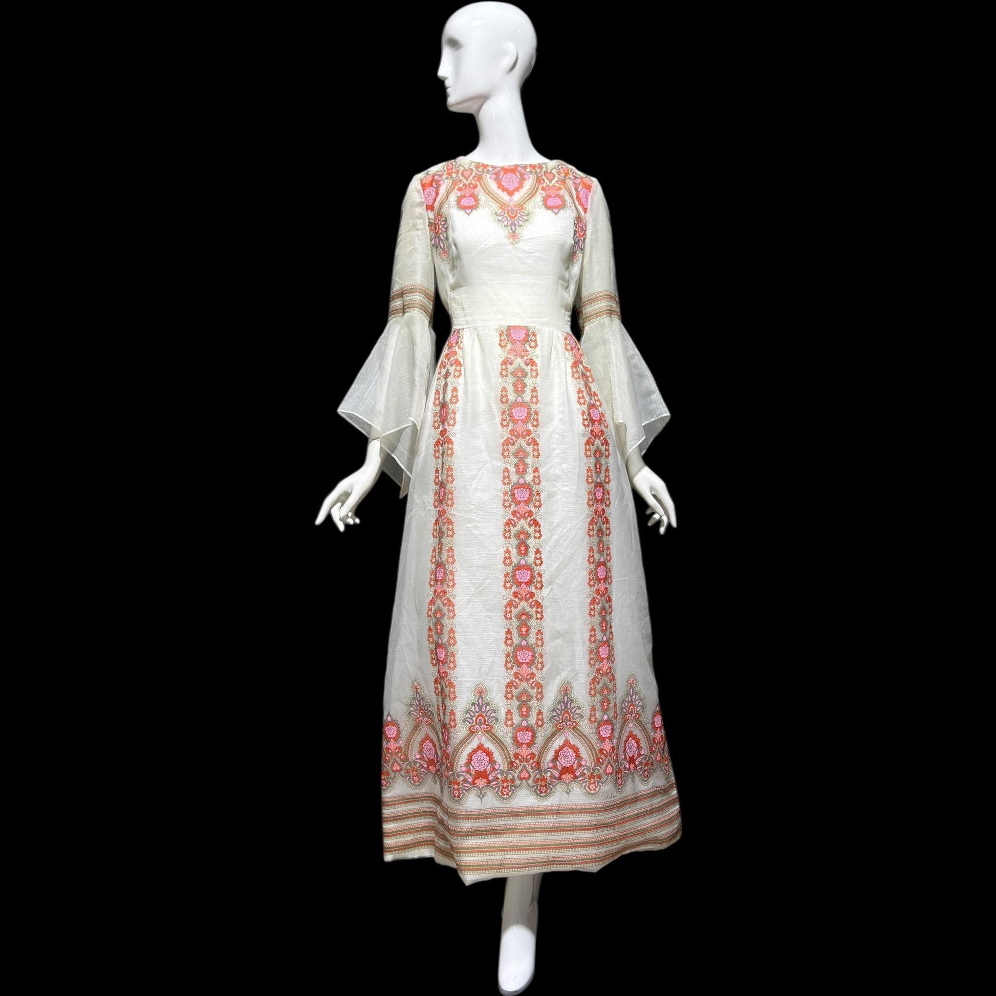 ALFRED SHAHEEN vintage 1970s maxi dress, hand screen print floral Shift Dress, Hawaiian wedding dress