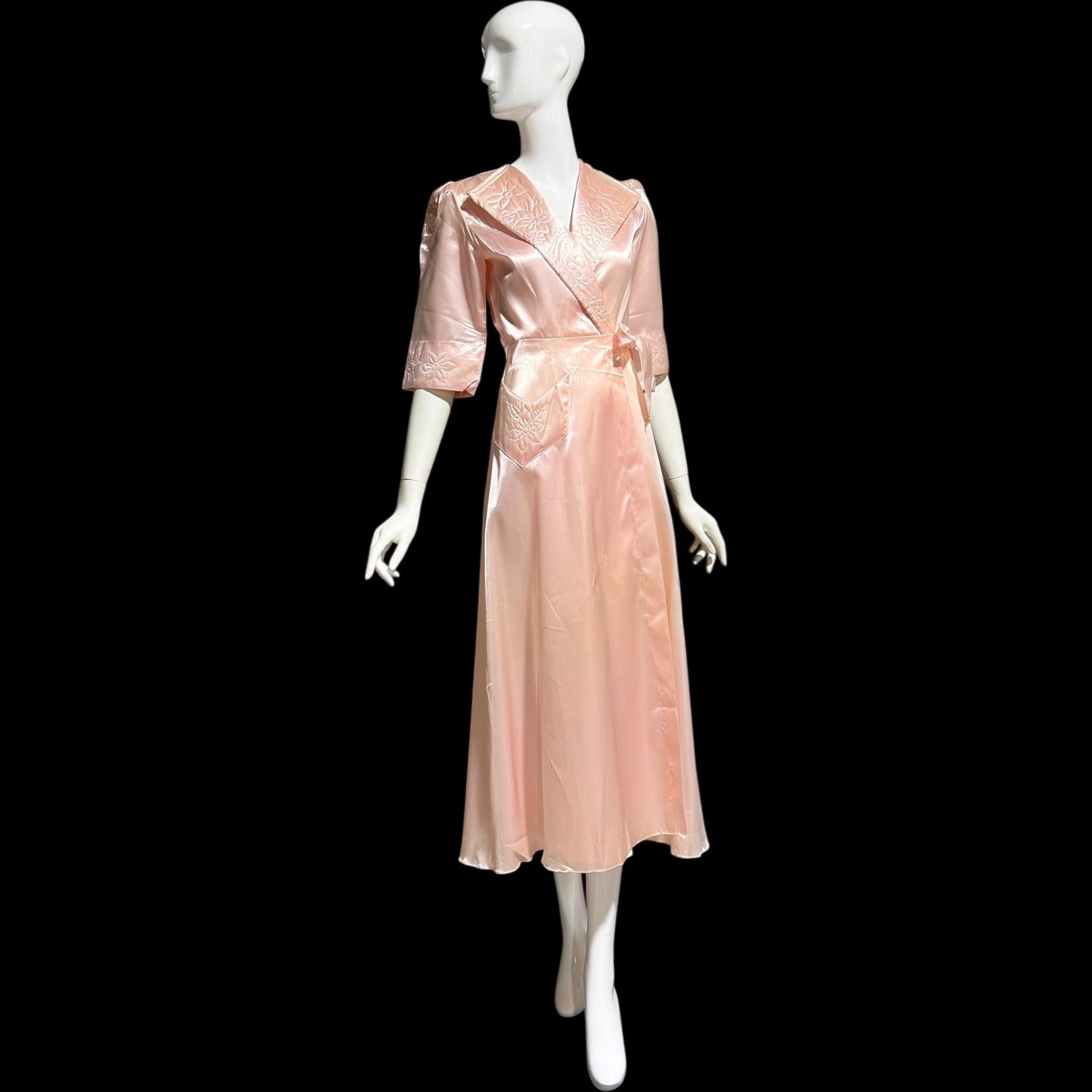 ANITA vintage 1940s Dressing Gown Robe, Made in Cuba Shiny Satin Pink Wrap Housecoat