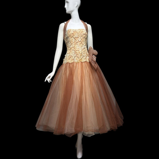 ANNE VERDI Vintage 1950s evening tulle gown, Mocha Lace Cocktail Party Cupcake dress, medium