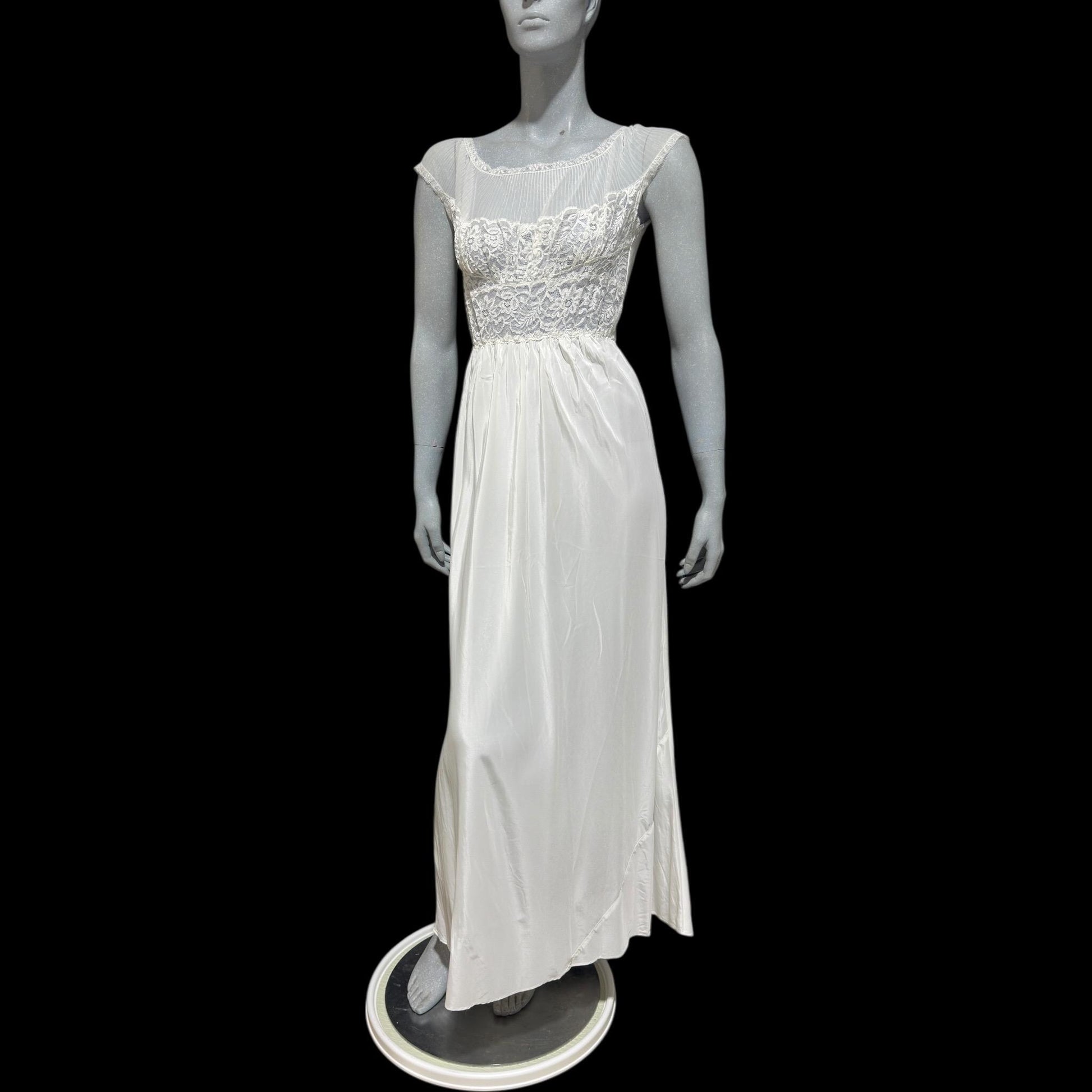 ARISTOCRAFT vintage 1940s nightgown slip dress, white sheer lace gown, bridal negligee lingerie dress