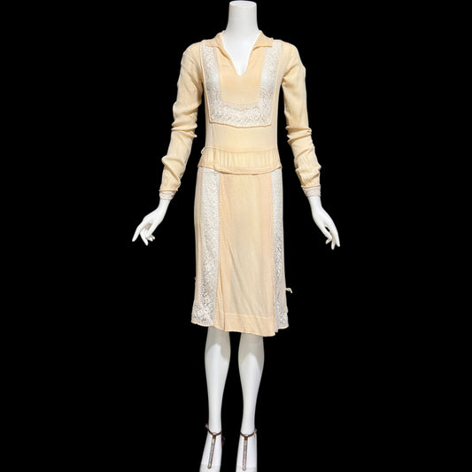 1920s vintage creamy yellow Hungarian style day dress with white lace antique flapper dress