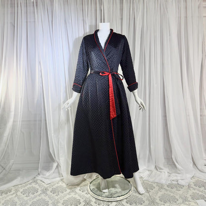BARBIZON Vintage 1940s Dressing Gown Robe, Lady at Ease, Navy Blue Quilted Satin Housecoat