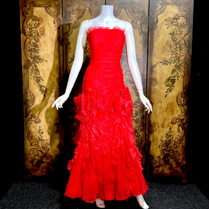 BELLVILLE SASSOON Lorcan Mullany, vintage 1980s evening dress, Red mermaid sheath gown, strapless tiered ruffles with matching bolero