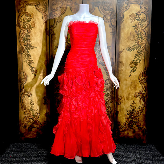 BELLVILLE SASSOON Lorcan Mullany, vintage 1980s evening dress, Red mermaid sheath gown, strapless tiered ruffles with matching bolero