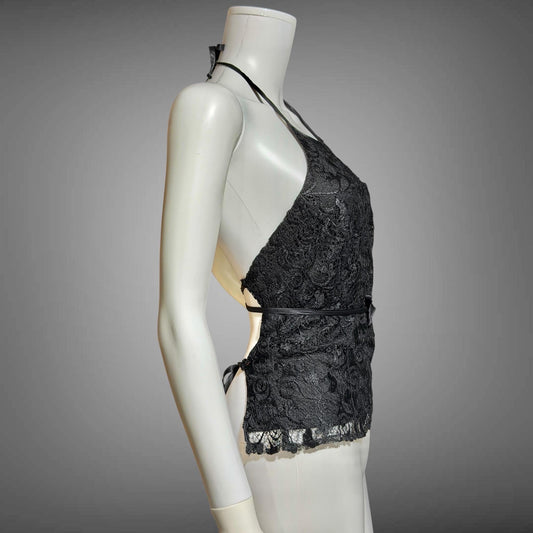 BETSEY JOHNSON Vintage 1990s camisole tiny top, Black lace halter top, backless
