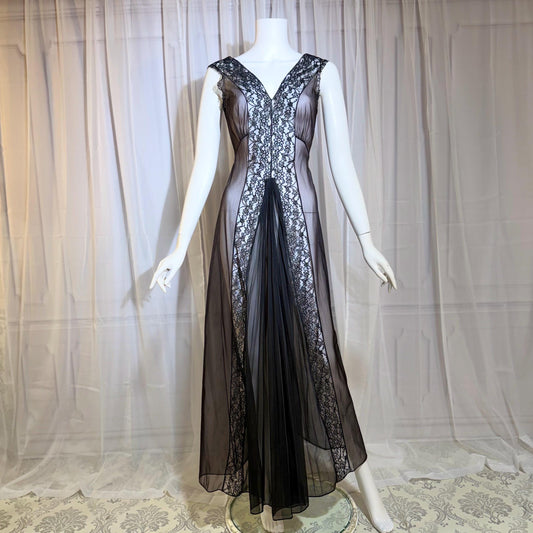 BLANCHE vintage nightgown slip dress, 1950s Black Sheer Nylon lingerie dress