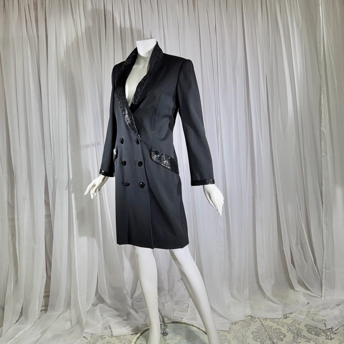 vintage BOB MACKIE coat dress, 1970s black double breasted beaded evening dinner coat