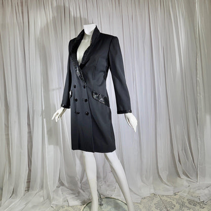 vintage BOB MACKIE coat dress, 1970s black double breasted beaded evening dinner coat