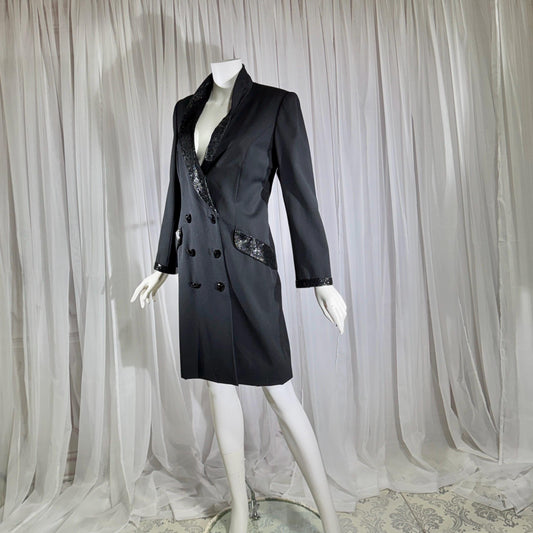 vintage BOB MACKIE coat dress, 1970s black double breasted beaded evening dinner coat
