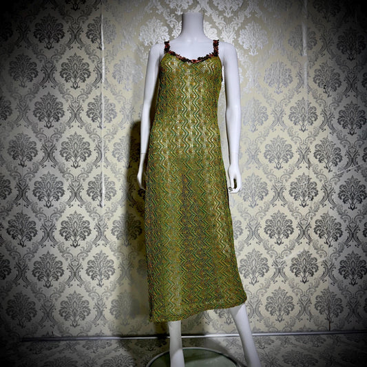 BONNIE STRAUSS Vintage 1990s Crochet Slip Dress, Stretchy Knit Midi Gown