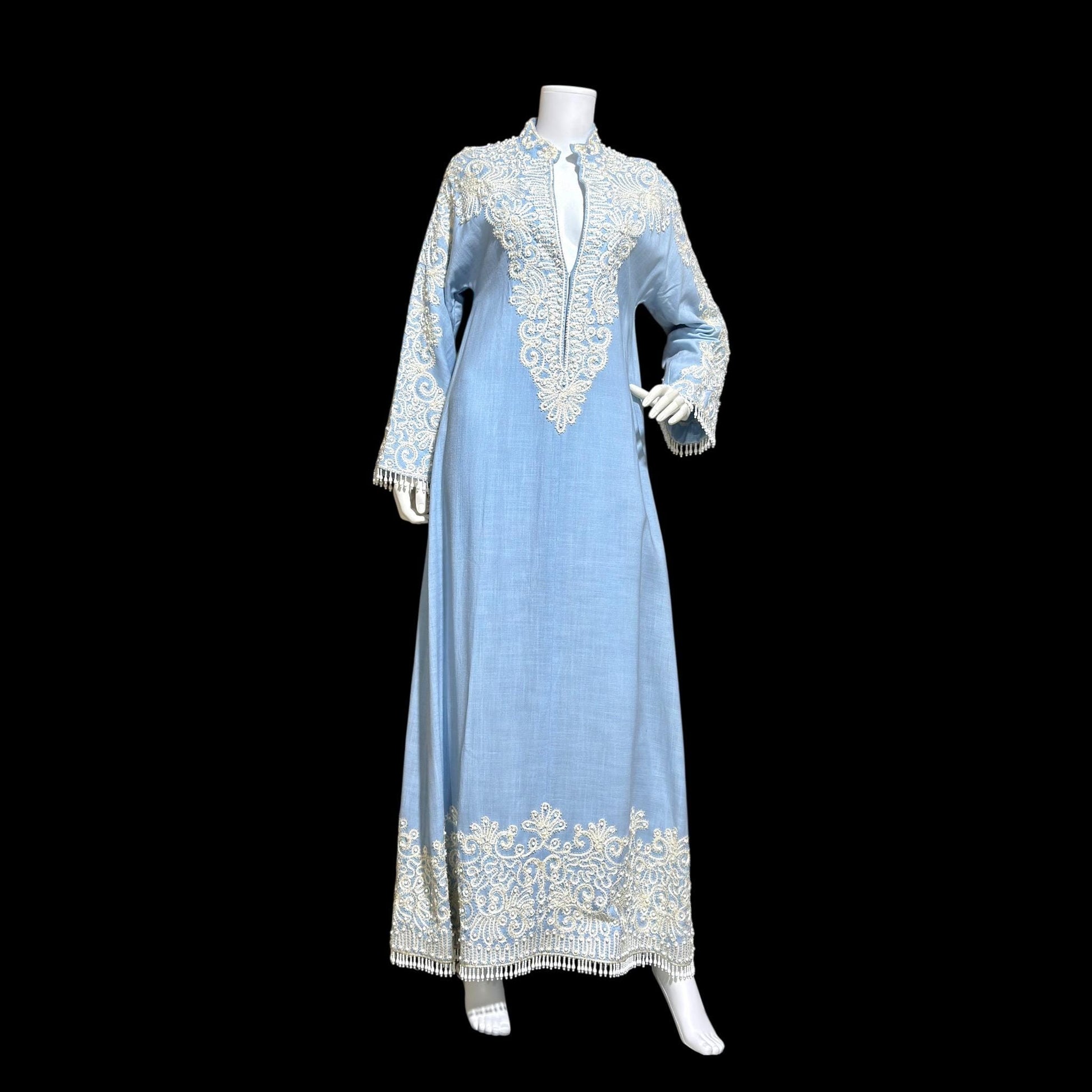 BONWIT TELLER Vintage 1960s evening caftan dress, Rebecca Designer Beaded Linen Kaftan Gown