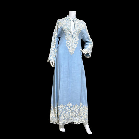 BONWIT TELLER Vintage 1960s evening caftan dress, Rebecca Designer Beaded Linen Kaftan Gown