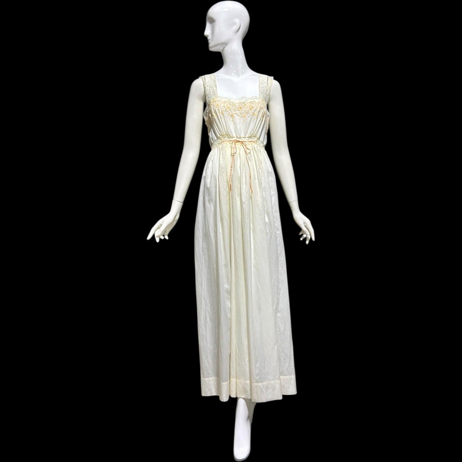 BY IRIS vintage 1940s Nightgown slip dress, Lord & Taylor embroidered white nylon lingerie dress