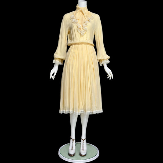 BILL BLASS, vintage 1970s silk secretary dress, yellow buttercream ascot Blouson dinner dress