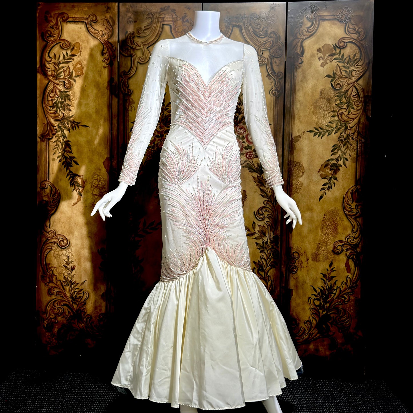 CARLOTA ALFARO, vintage 1980s wedding evening gown, White pink beaded mermaid dress