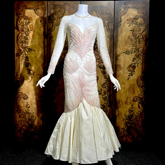 CARLOTA ALFARO, vintage 1980s wedding evening gown, White pink beaded mermaid dress