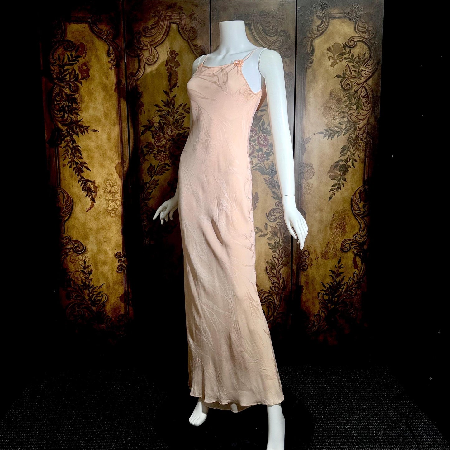 CAROL PERETZ Vintage evening dress, 1990s peachy pink bias cut silk slip dress and shawl