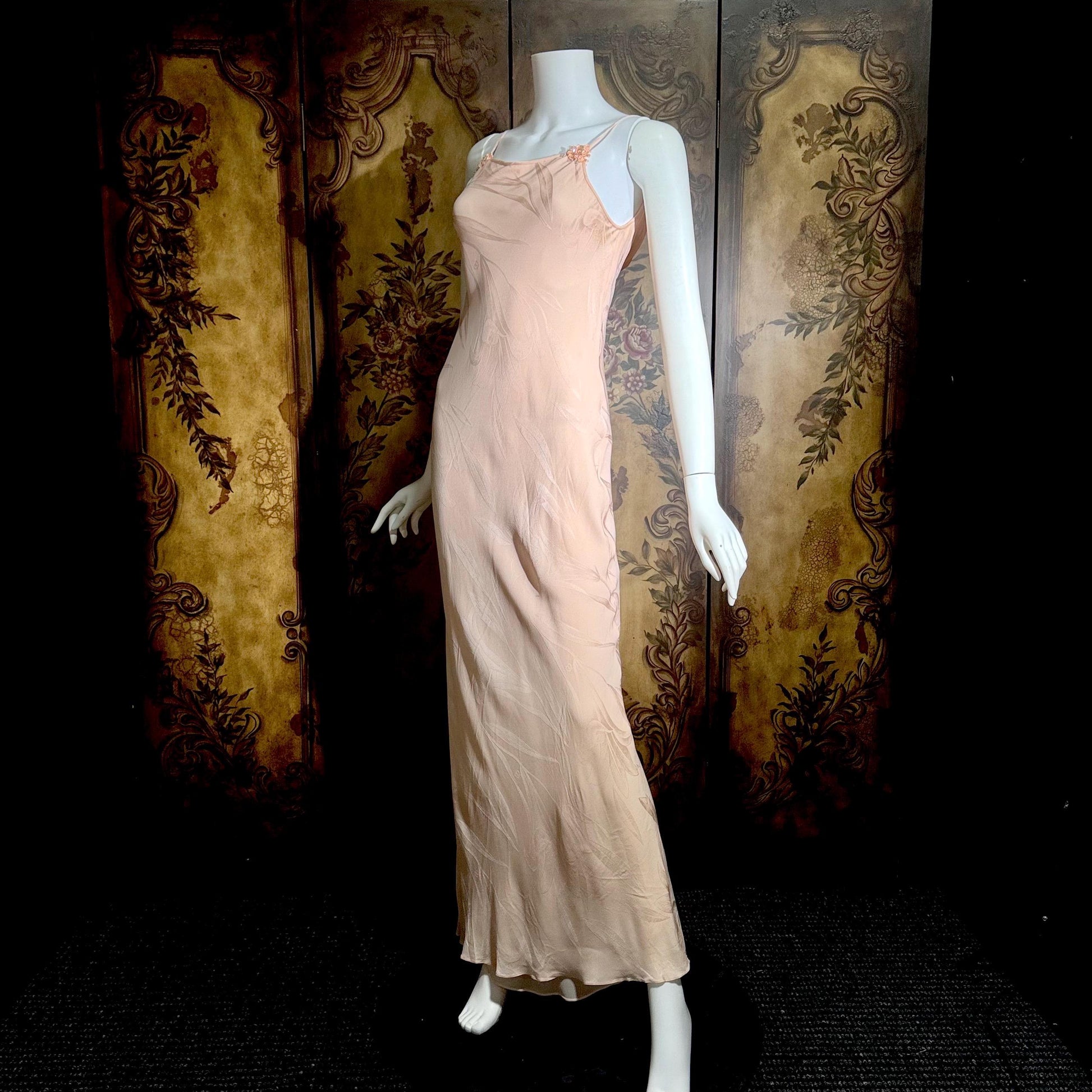 CAROL PERETZ Vintage evening dress, 1990s peachy pink bias cut silk slip dress and shawl