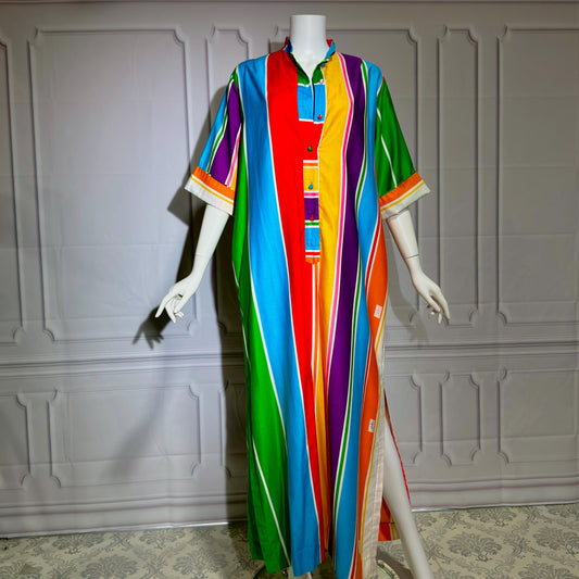 CATHERINE OGUST Vintage 1960s Caftan Kaftan Dress, Penthouse Gallery Striped Cotton Maxi Shirt Dress