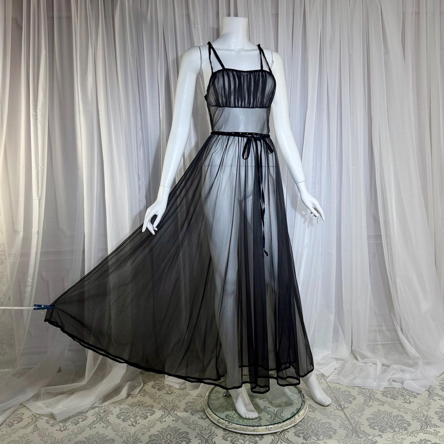 CHEVETTE vintage nightgown slip dress, 1950s Black Sheer Nylon lingerie dress