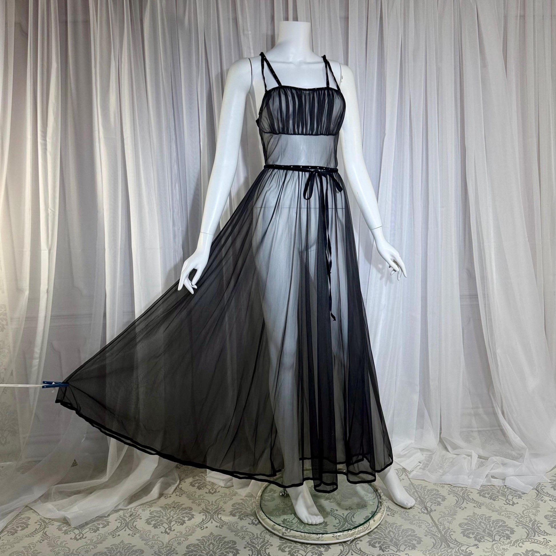 CHEVETTE vintage nightgown slip dress, 1950s Black Sheer Nylon lingerie dress