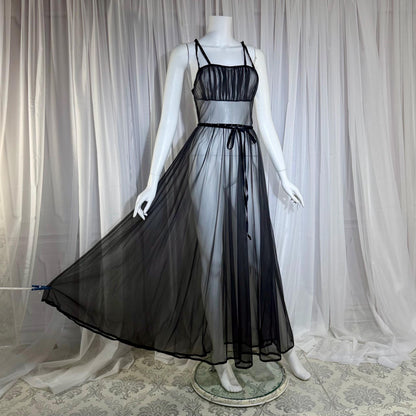 CHEVETTE vintage nightgown slip dress, 1950s Black Sheer Nylon lingerie dress
