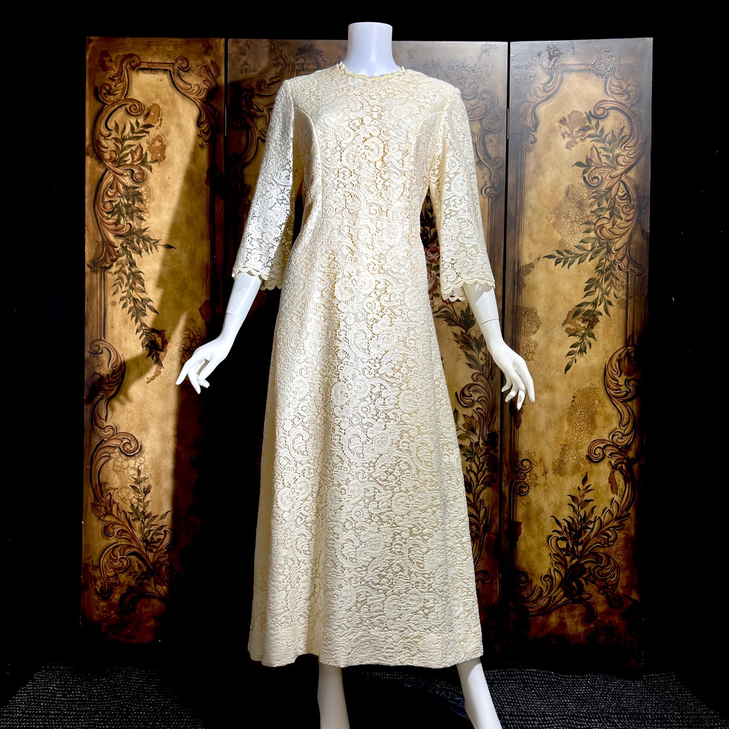 CHEZ MARGO Vintage evening dress gown, 1970s Margate NJ White Lace Shift Gown