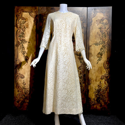 CHEZ MARGO Vintage evening dress gown, 1970s Margate NJ White Lace Shift Gown