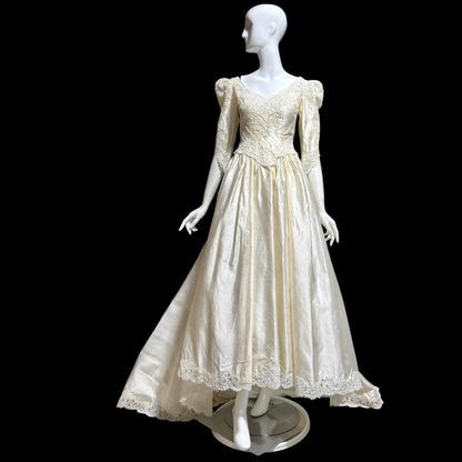 CHRISTOS Vintage 1980s wedding dress, custom white raw silk beaded basque waist gown