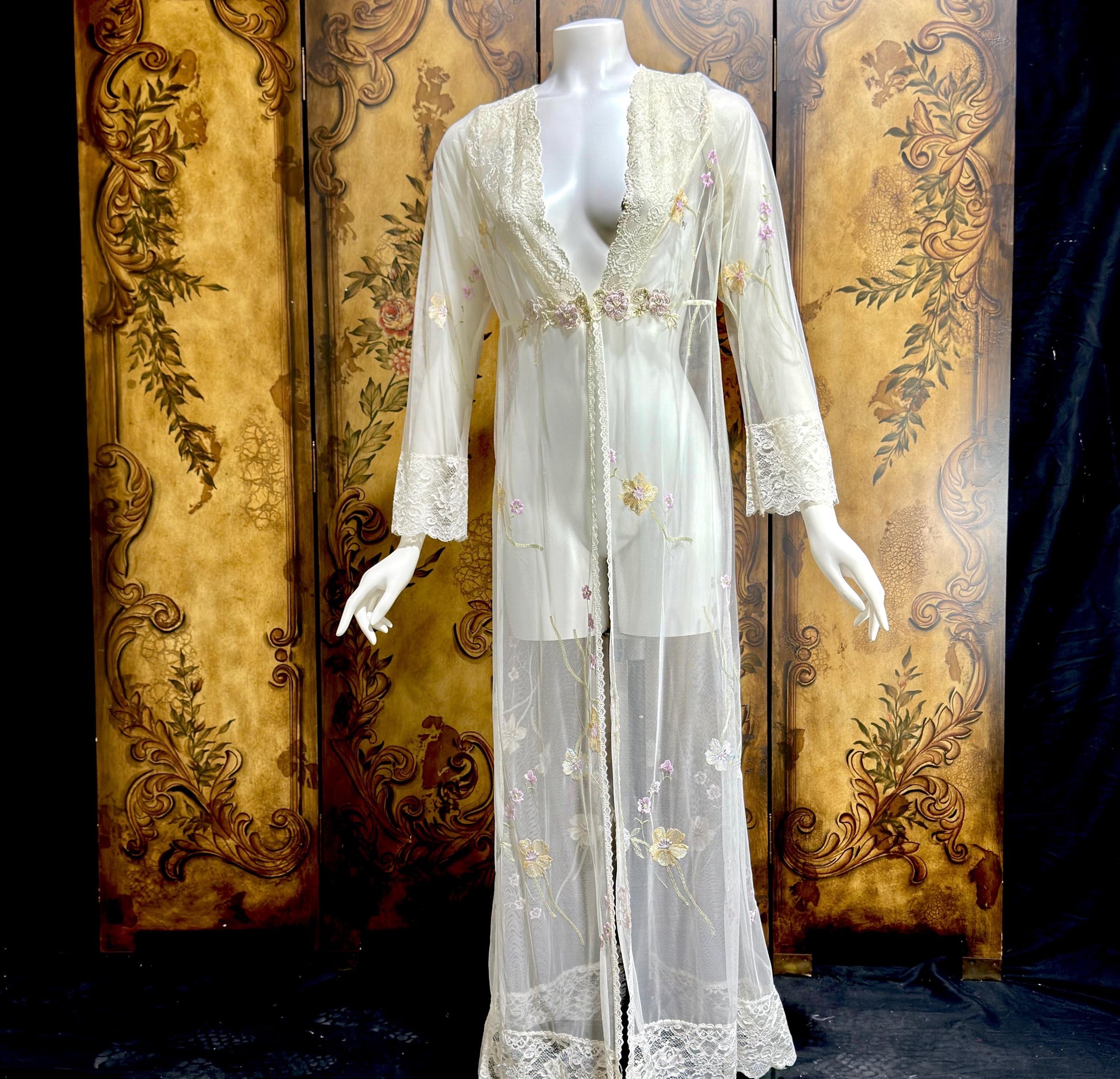 CLAIRE PETTIBONE, vintage wedding coat robe, sheer nylon embroidery dressing gown