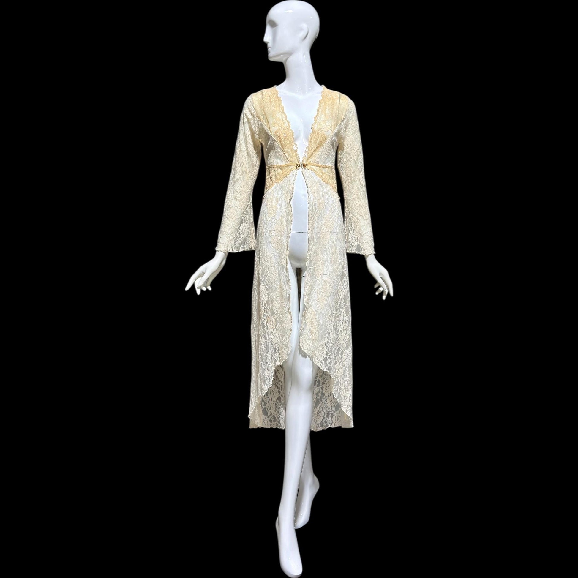 CLAIRE PETTIBONE, vintage wedding coat robe, sheer nylon lace high low dressing gown