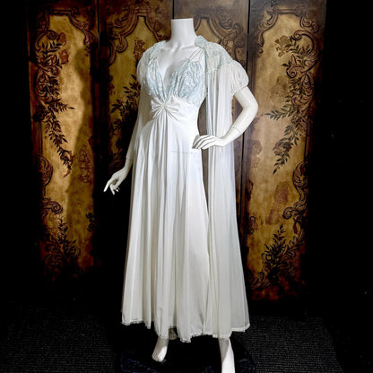 Vintage CLAIRE SANDRA nightgown peignoir set, 1950s Lucie Ann White Blue slip dress robe lingerie set