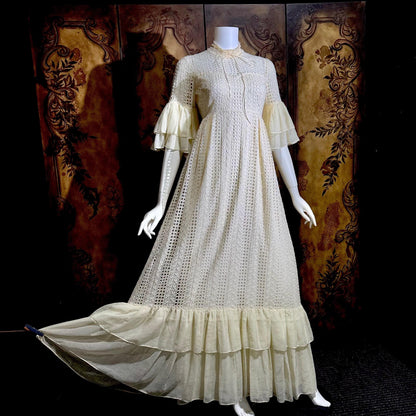 COURIERS vintage 1970s wedding prairie dress, white cotton eyelet flutter sleeve Boho maxi dress