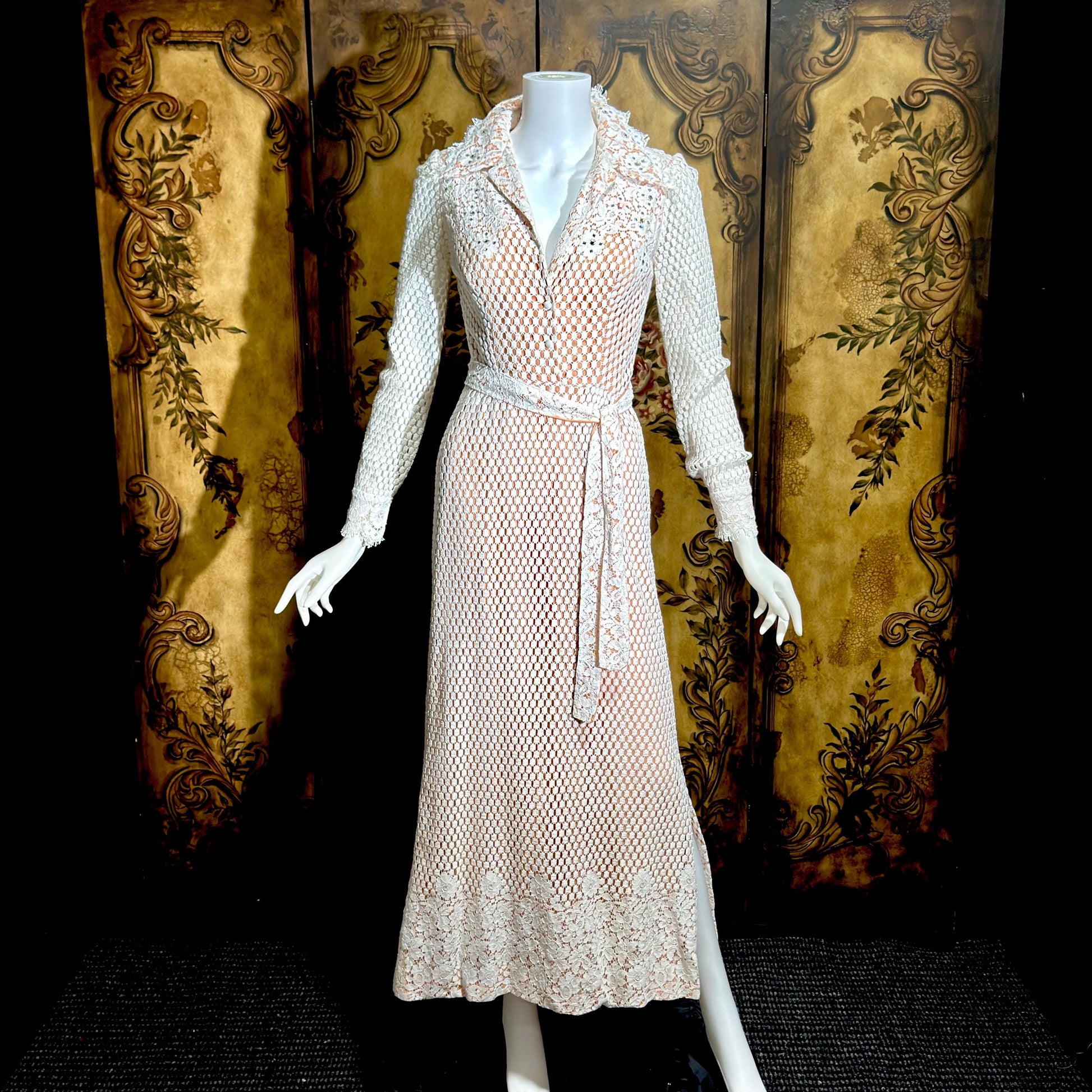 DAN LEE COUTURE Vintage 1970s maxi dress, white open weave cotton lace hostess dress