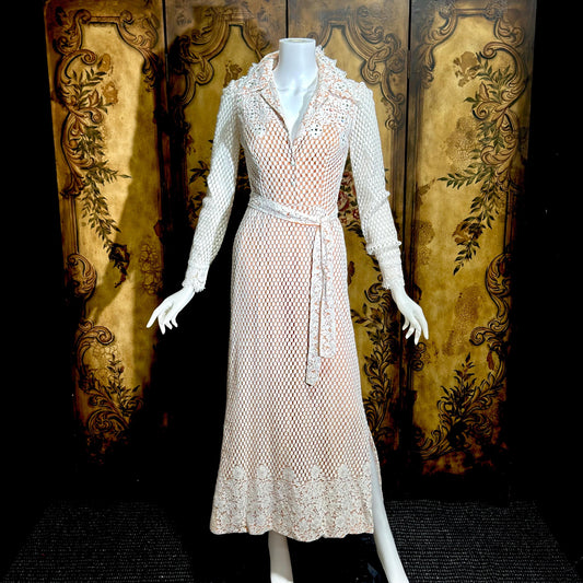 DAN LEE COUTURE Vintage 1970s maxi dress, white open weave cotton lace hostess dress