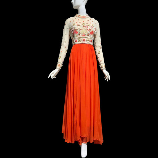 DARNELL of LONDON, vintage 1970s evening gown, Designer Beaded Orange Chiffon formal dress