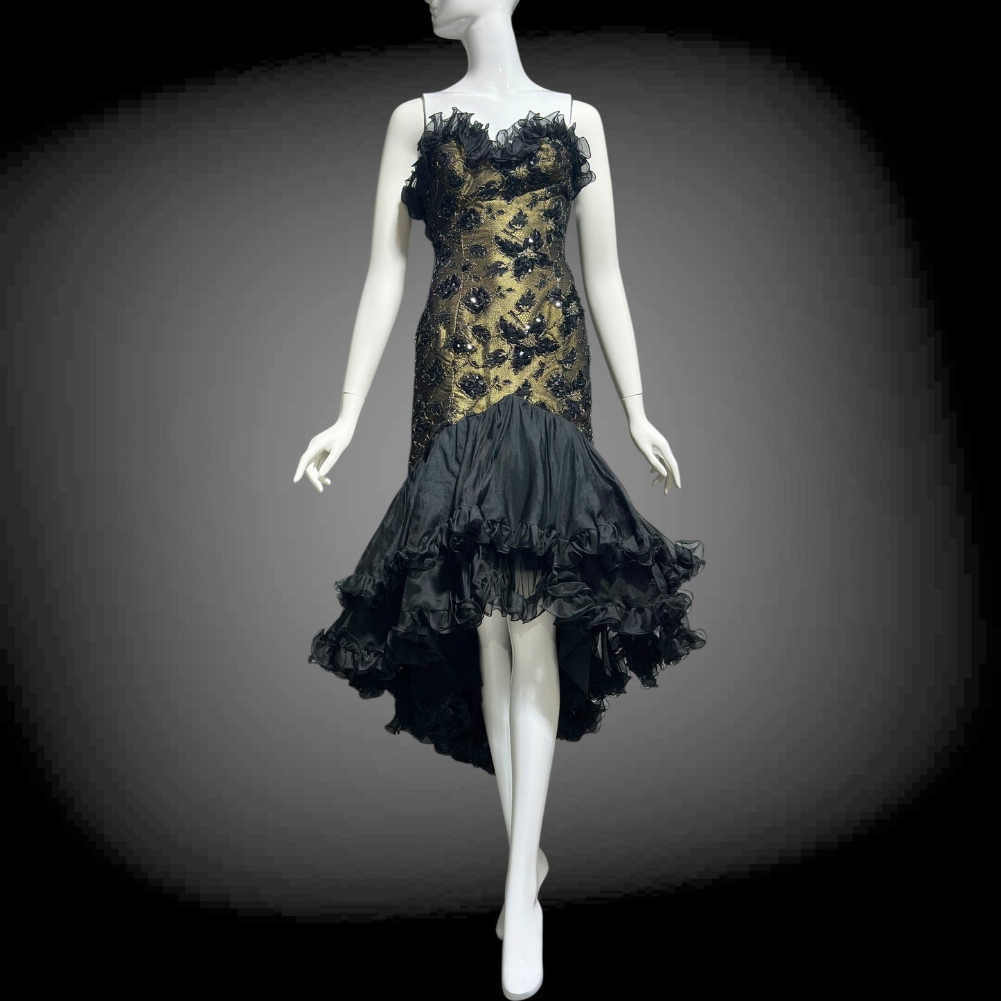 DAVID FIELDEN vintage 1980s evening dress, Party Dress, Black and Bronze All Silk Hi Low Ruffle dress