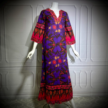DESIGNS MALAYSIA Vintage 1960s Caftan Kaftan Dress, Purple Cotton Floral Maxi Dress