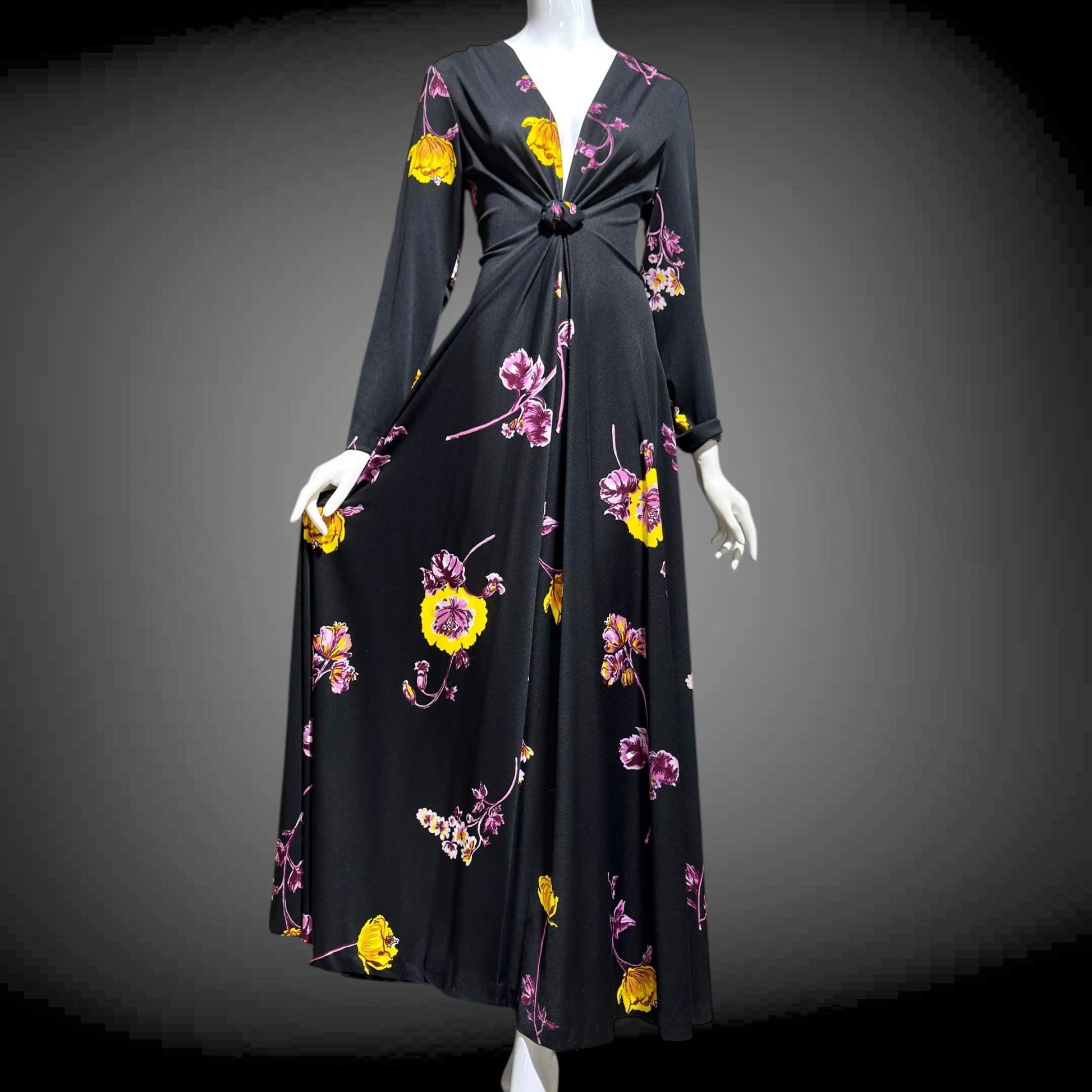 DON LUIS de espana vintage 1970s Maxi Dress, plunging V black floral jersey knit dress, stretchy