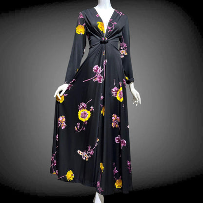 DON LUIS de espana vintage 1970s Maxi Dress, plunging V black floral jersey knit dress, stretchy