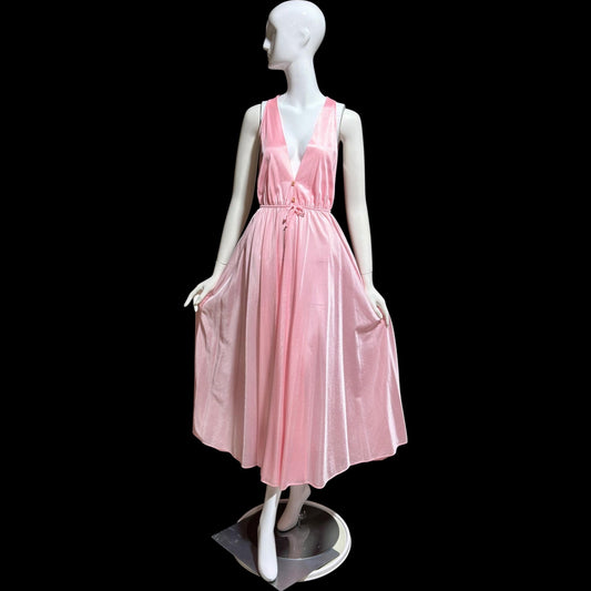 DREAM WEAR vintage nightgown slip dress, 1970s Petal Pink shimmering nylon Deep V lingerie dress