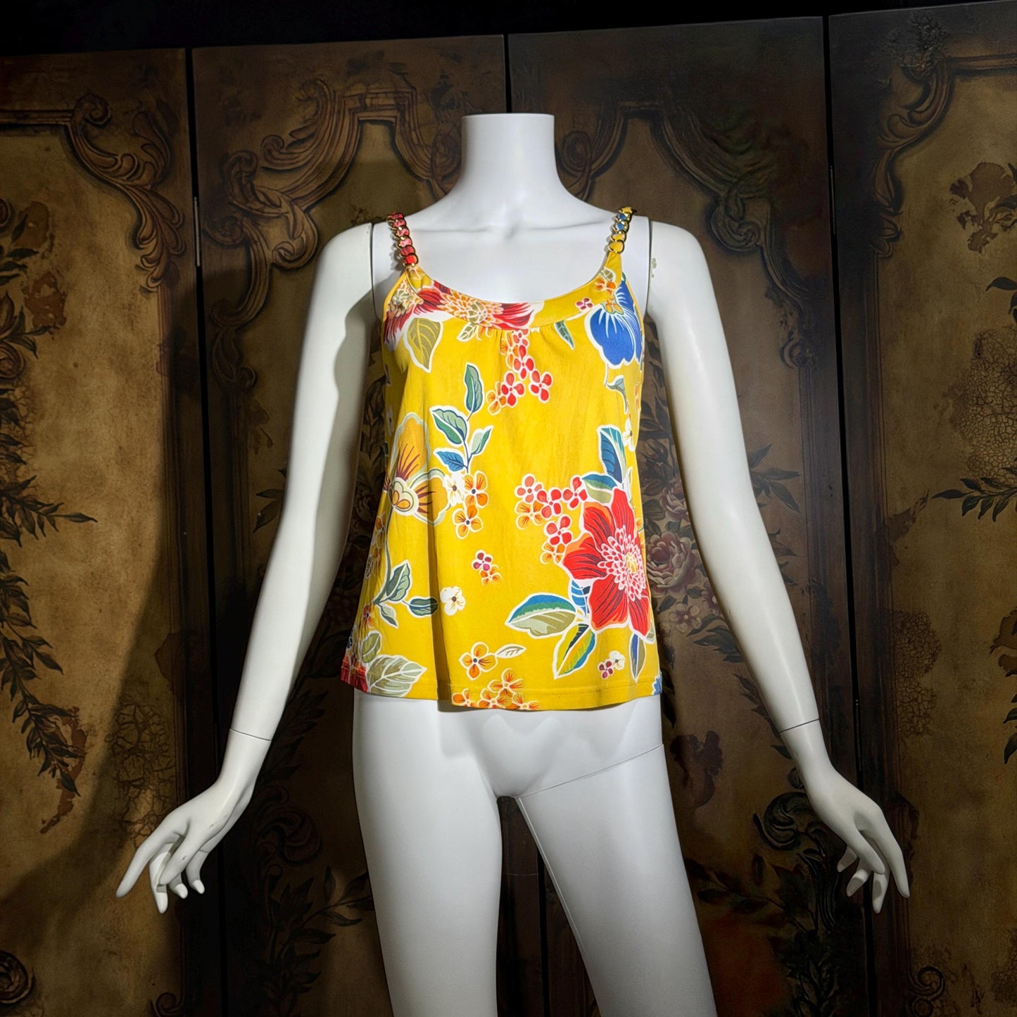 D&G Vintage Y2K Cami Top, DOLCE & GABBANA Yellow Floral Jersey Knit Tank Top Chain Straps