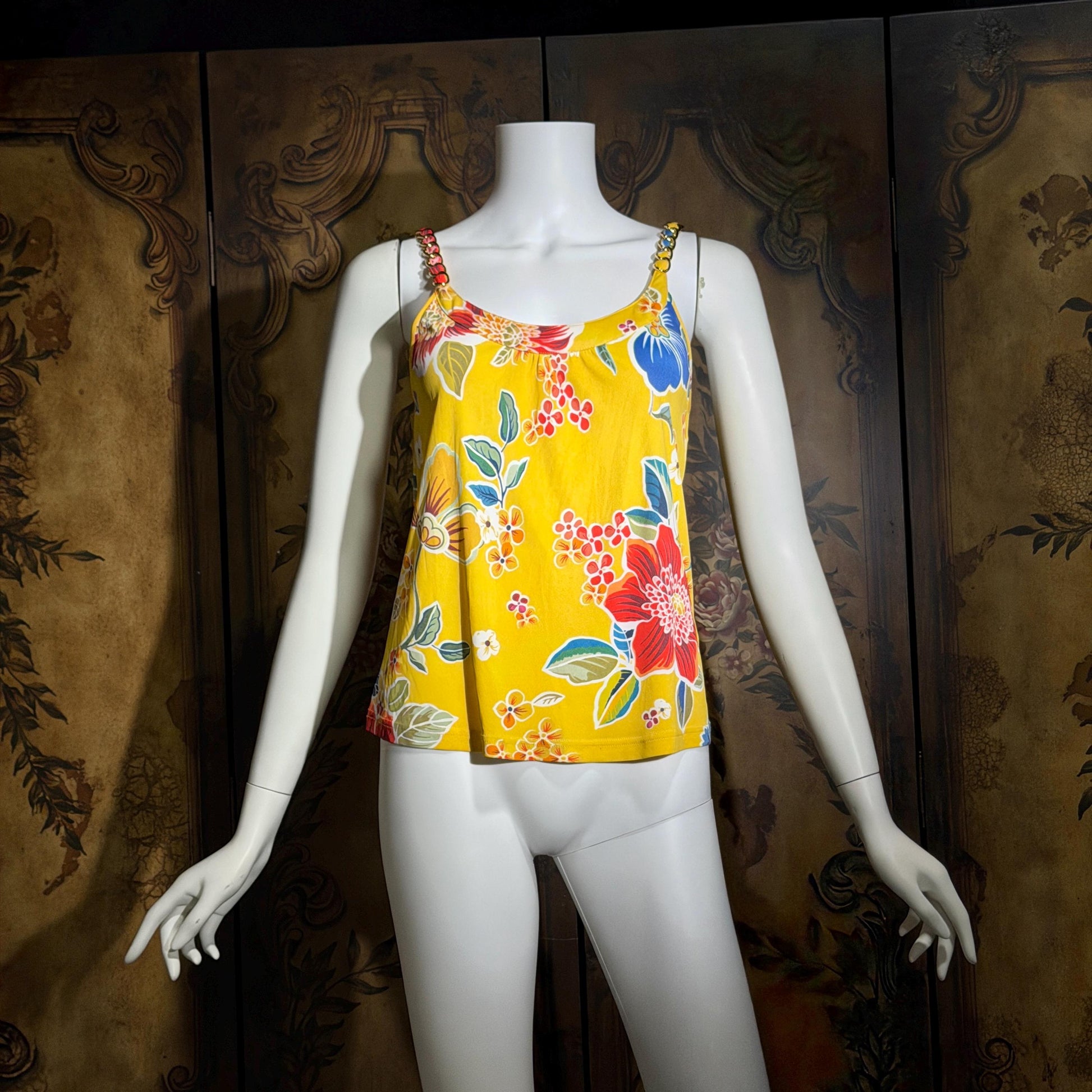 D&G Vintage Y2K Cami Top, DOLCE & GABBANA Yellow Floral Jersey Knit Tank Top Chain Straps