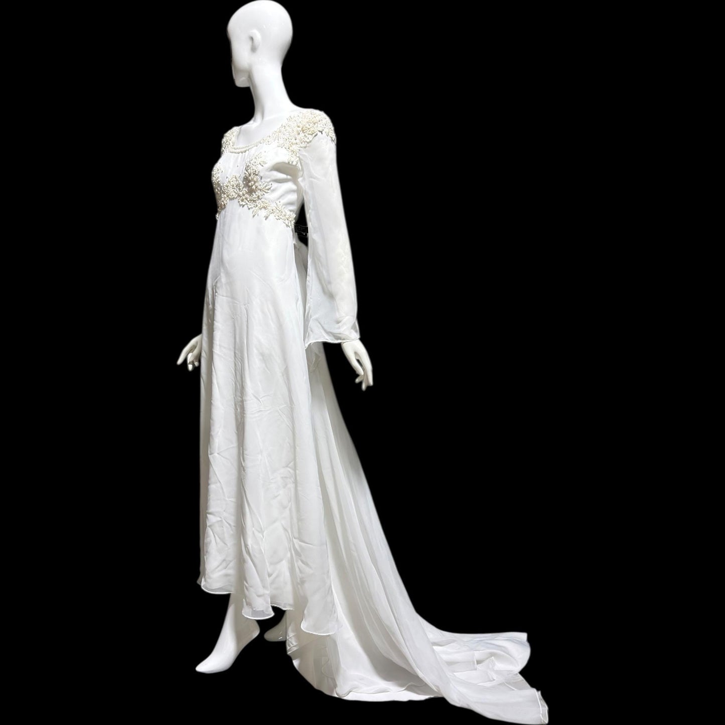 EDEN Bridals, vintage 1970s Wedding dress gown, White bell sleeve gown, Hippie Boho