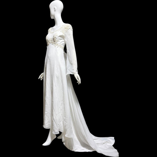 EDEN Bridals, vintage 1970s Wedding dress gown, White bell sleeve gown, Hippie Boho
