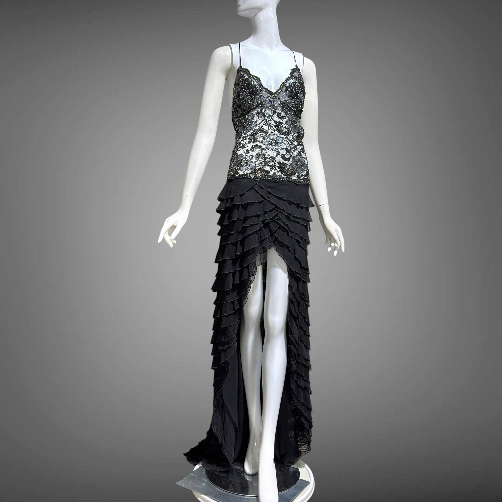 EMA SAVAHL Vintage Y2k evening dress gown, Black high low ruffle beaded cutout gown