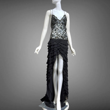 EMA SAVAHL Vintage Y2k evening dress gown, Black high low ruffle beaded cutout gown