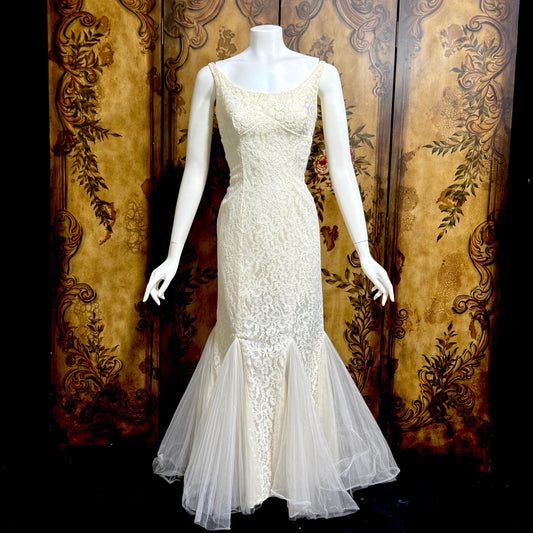 EMMA DOMB vintage wedding dress gown, 1950s white lace tulle mermaid gown