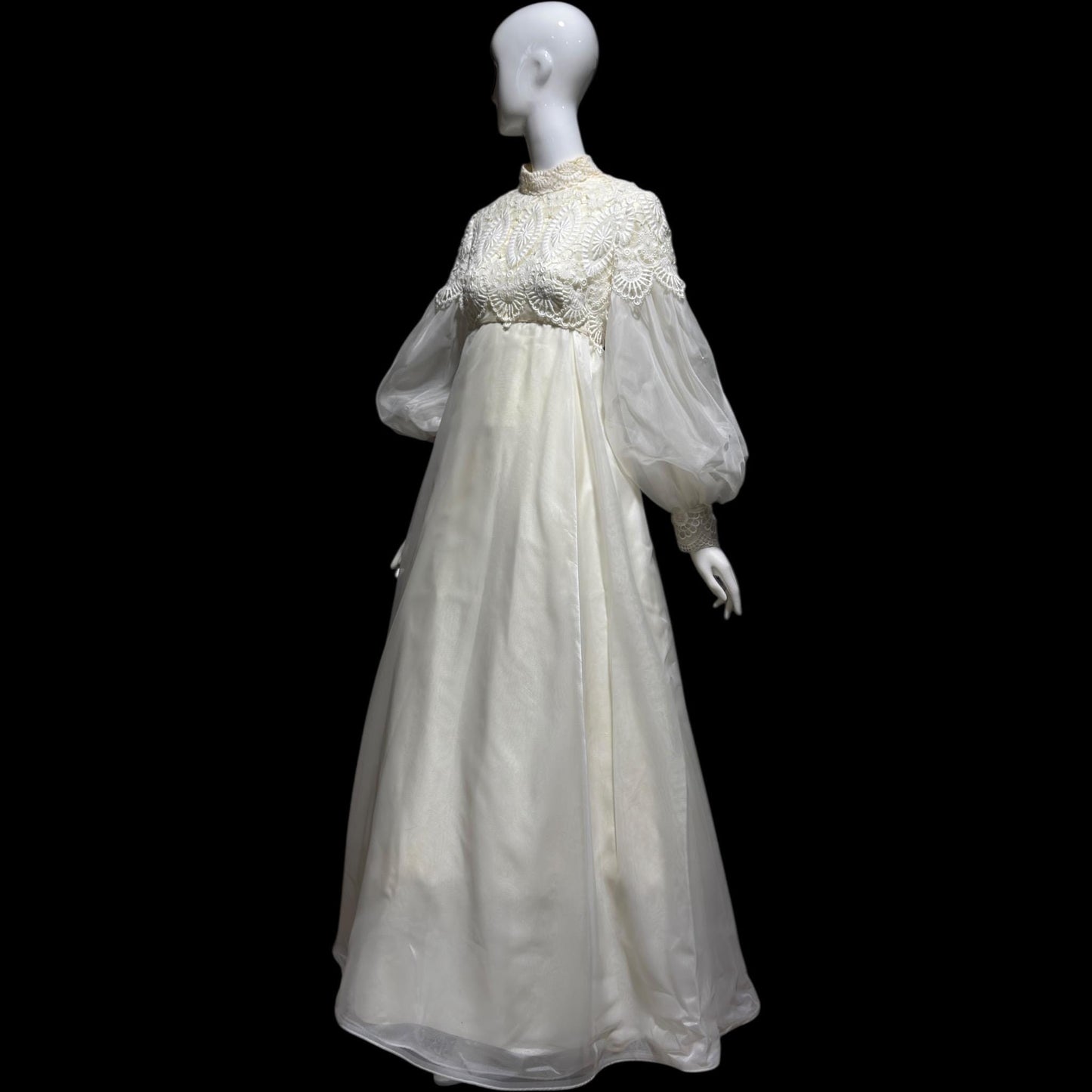 EMMA DOMB vintage wedding dress gown, 1960s white Queen Anne High Neck Juliet Puffed Sleeve Romantic Bride